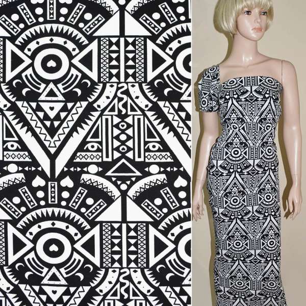 Котон стрейч чорний з білим геометричним малюнком ш.148