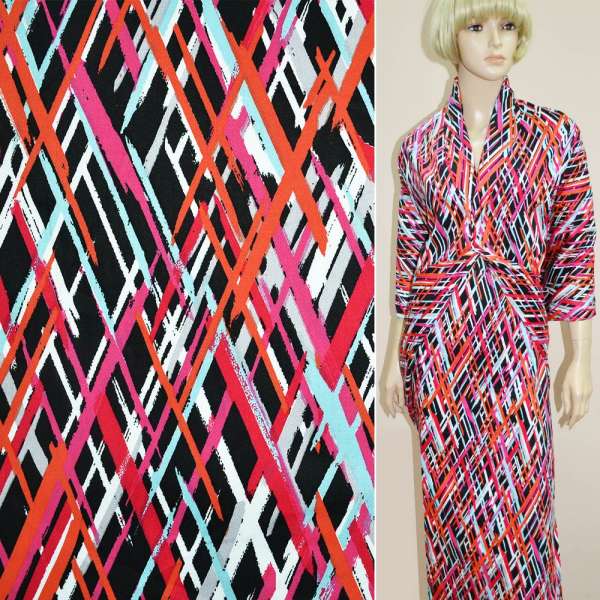 Котон стрейч чорний з оранжево-червоним і білим геометричним малюнком ш.148