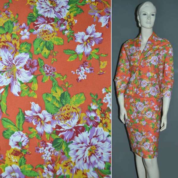 Котон стрейч оранжево-червоний з жовто-білими квітами ш.145