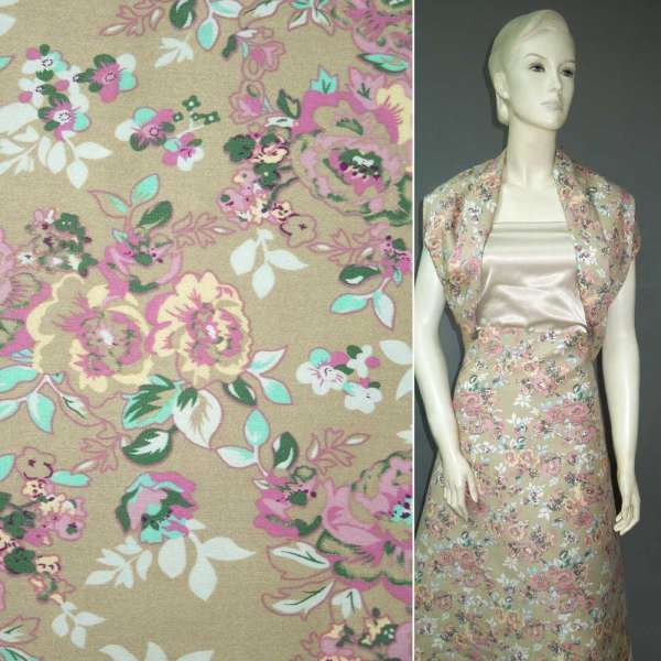 Котон стрейч оливково-бежевий з рожево-білими квітами ш.144