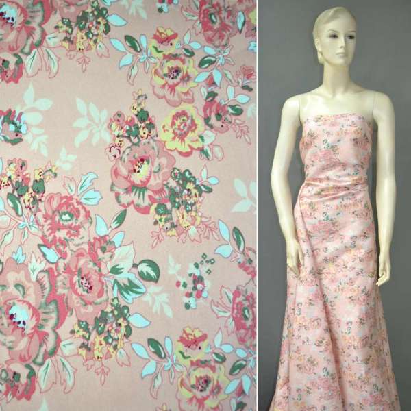 Котон стрейч рожевий з блідо-рожевими і жовтими квітами ш.142