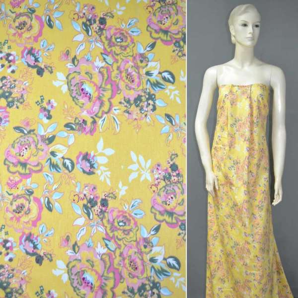 Котон стрейч жовтий з рожево-оливковими квітами ш.146