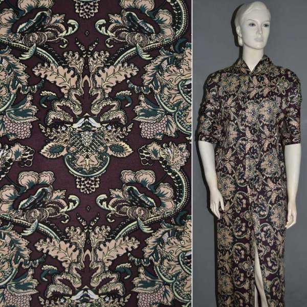 Котон стрейч баклажанний з бежево-зеленим малюнком "королівський вензель" ш.143