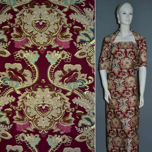 Котон стрейч бордовий з бежево-коричневим малюнком "королівський вензель" ш.143