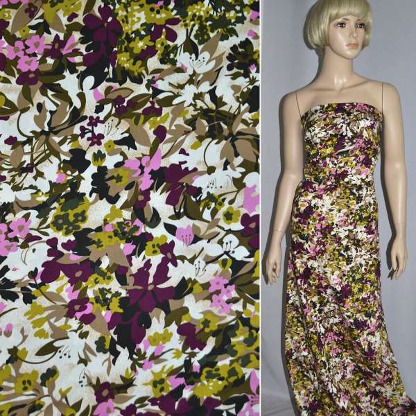 Котон білий в бордово-рожеві квіти ш.130