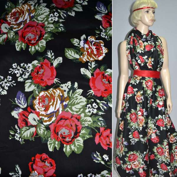 Котон стрейч чорний з червоно-жовтими трояндами ш.145