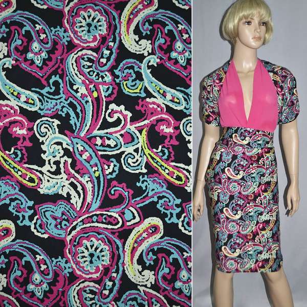 Котон стрейч чорний з бірюзово-рожевими огірками ш.145