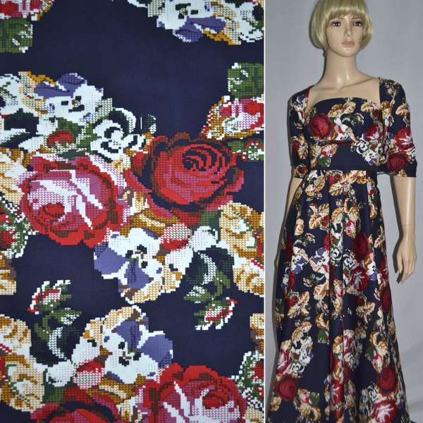 Котон стрейч темно-синій з червоно-жовтими трояндами ш.145