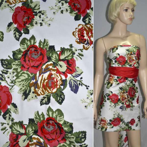 Котон стрейч білий з червоно-жовтими трояндами ш.145