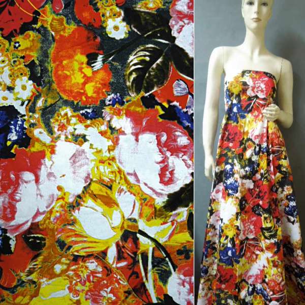 Котон стрейч чорний з жовто-червоними і синіми кольорами ш.140