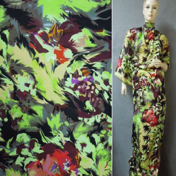 Котон стрейч салатово-бежевий з бордово-червоними квітами ш.140