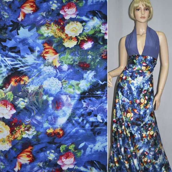 Котон стрейч синьо-білий з різнокольоровими трояндами ш.145