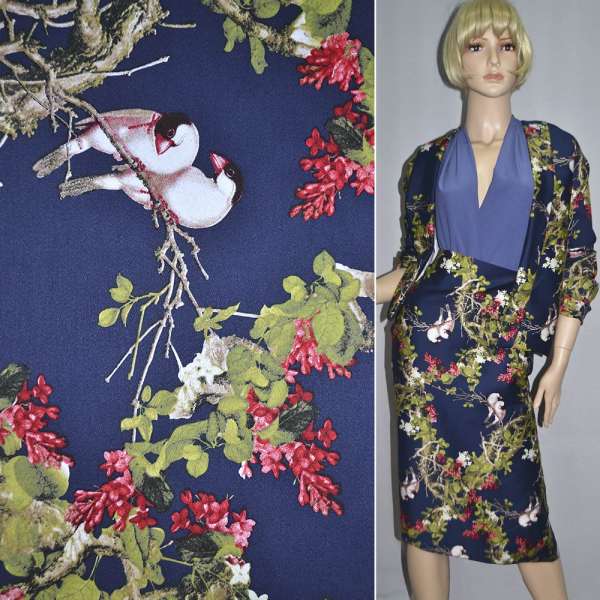 Котон стрейч темно-синій "птахи на дереві" ш.145