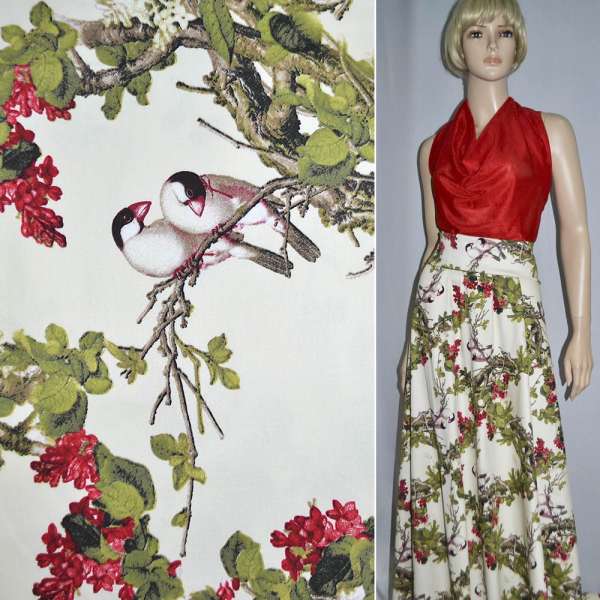 Котон стрейч молочний "птахи на дереві" ш.145