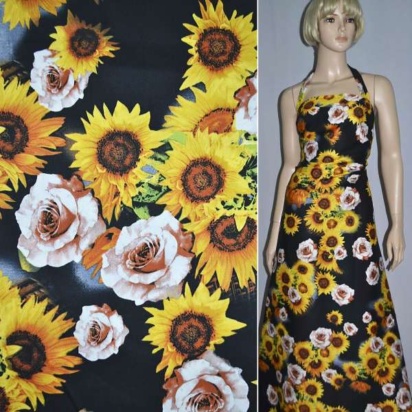 Котон стрейч чорний з соняшниками і трояндами ш.150