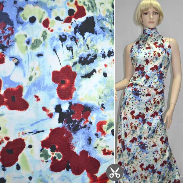 Котон стрейч синьо-білий з темно-бордовими квітами ш.130