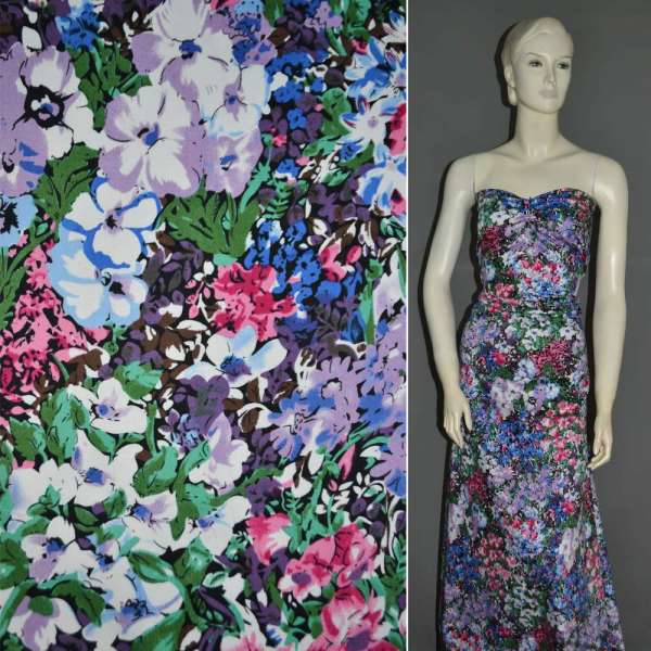 Котон стрейч з рожево-блакитними і синьо-білими квітами ш.132