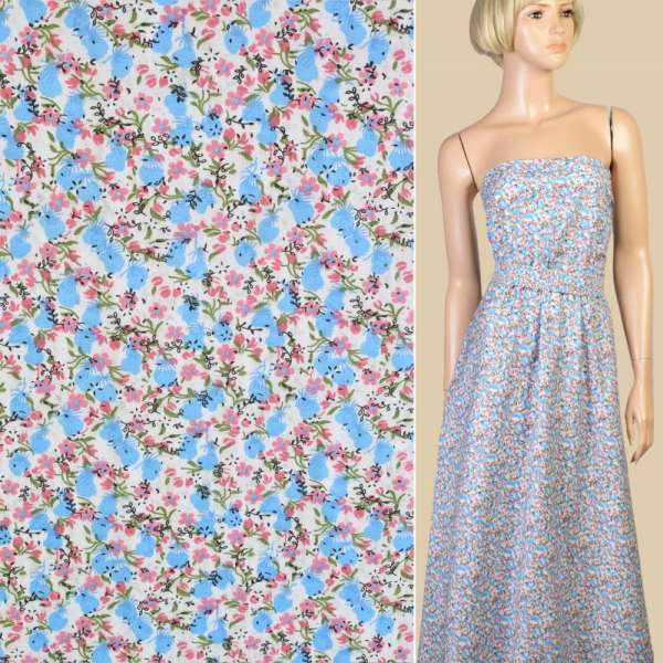 Котон білий в дрібні блакитні і рожеві квіти, ш.150