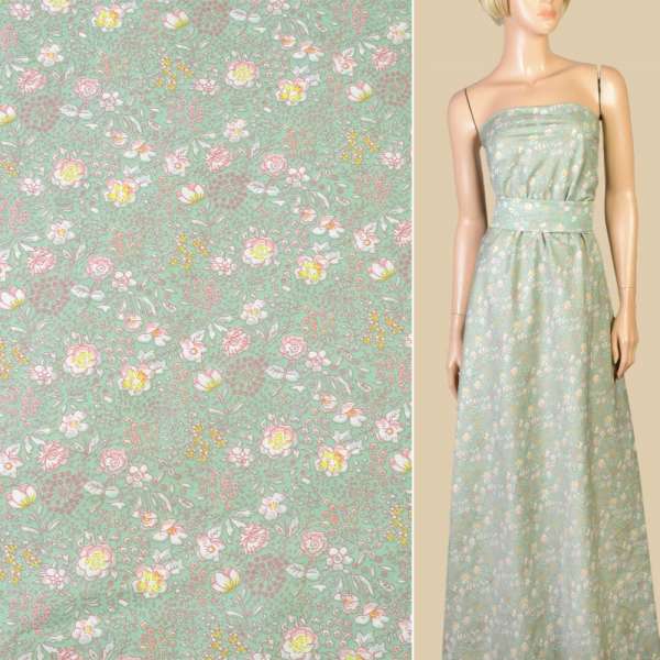 Котон* м'ятний в біло-жовті квіти, листя, ш.145