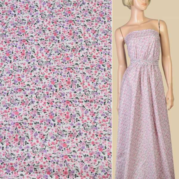 Котон* білий в дрібні рожеві, сірі, бузкові квіти, ш.145