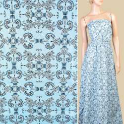 Котон* блакитний в біло-сині квіти, орнамент, ш.145