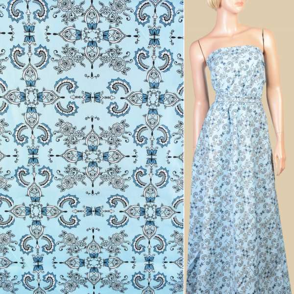 Котон* блакитний в біло-сині квіти, орнамент, ш.145