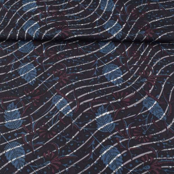 Коттон синій темний, сині квіти, листя, хвилясті смужки, ш.142