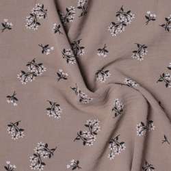 Коттон стрейч жатый бежевый в мелкие черо-белые цветы ш.148