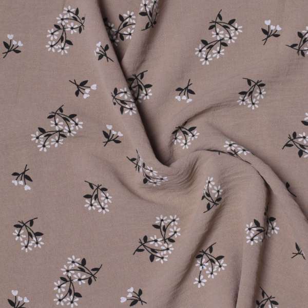 Котон стрейч жатий бежевий у дрібні чорно-білі квіти, ш.148