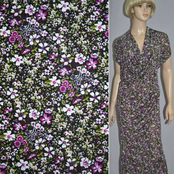 Микролайкра черная с сиренево-зелеными цветами ш.170