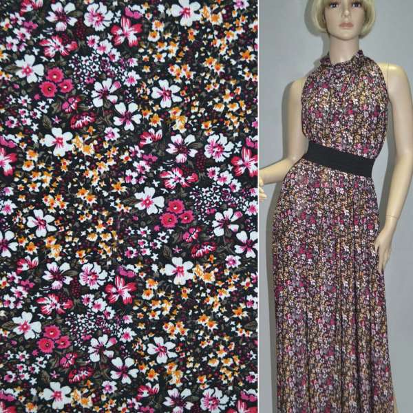 Микролайкра черная с красно-оранжевыми цветами ш.170