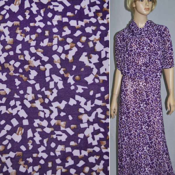 Микролайкра фиолетовая с молочно-коричневый геометрическим рисунком ш.170