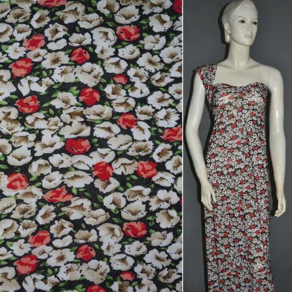 Микролайкра черная с молочно-красными цветами ш.170