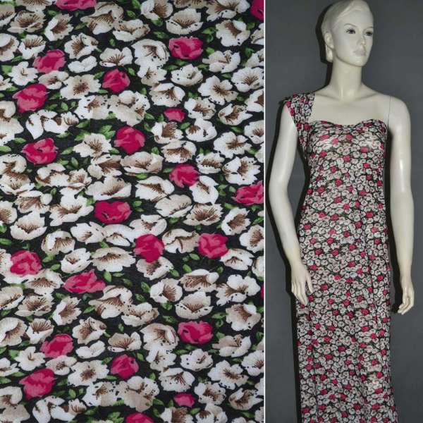 Микролайкра черная с молочно-малиновыми цветами ш.168