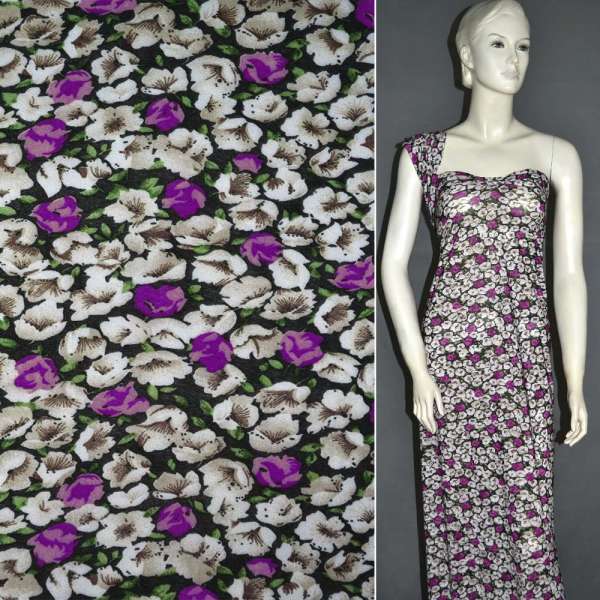 Микролайкра черная с молочно-сиреневыми цветами ш.164