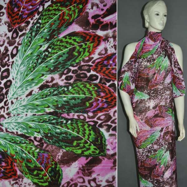 Микролайкра розово-коричневая с цветными перьями ш.160