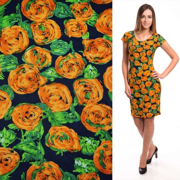 Микролайкра темно-синий с оранжевыми цветами ш.160