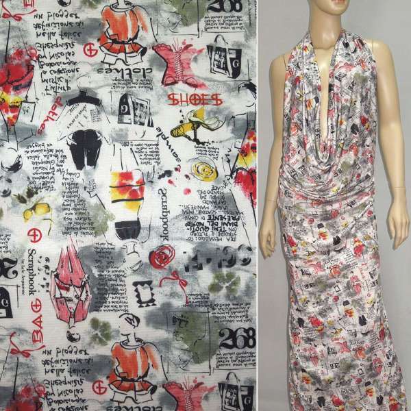 Микролайкра структурная полоска газетка молочный с серый и красным ш.160