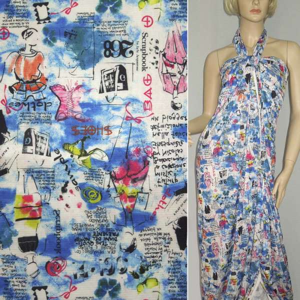 Микролайкра структурная полоска газетка молочный с синим ш.160