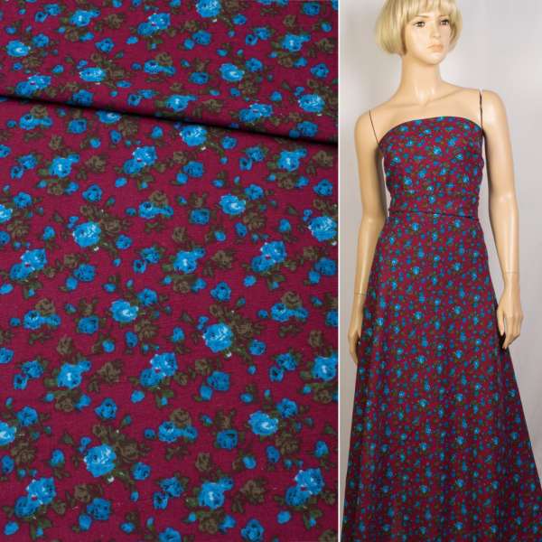 Льон бордовий в сині троянди, ш.150