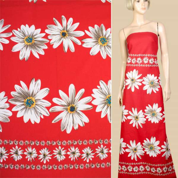 Лен красный, белые ромашки (купон), ш.145