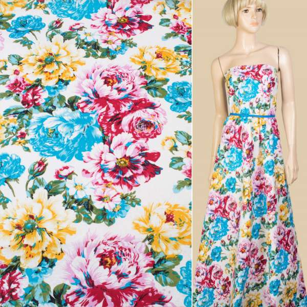 Лен белый в голубые, розовые, желтые цветы, ш.145