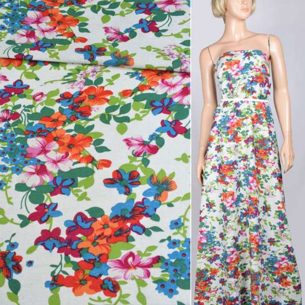 Лен белый в оранжево-бордовые цветы ш.140