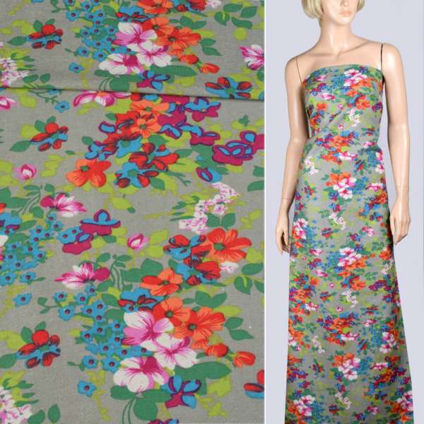 Лен светло-серый в оранжево-бордовые цветы ш.140