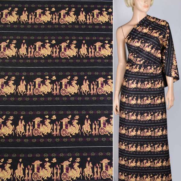 Лен черный с желтым египетским рисунком ш.140