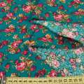 Лен бирюзовый с красными розами, ш.145