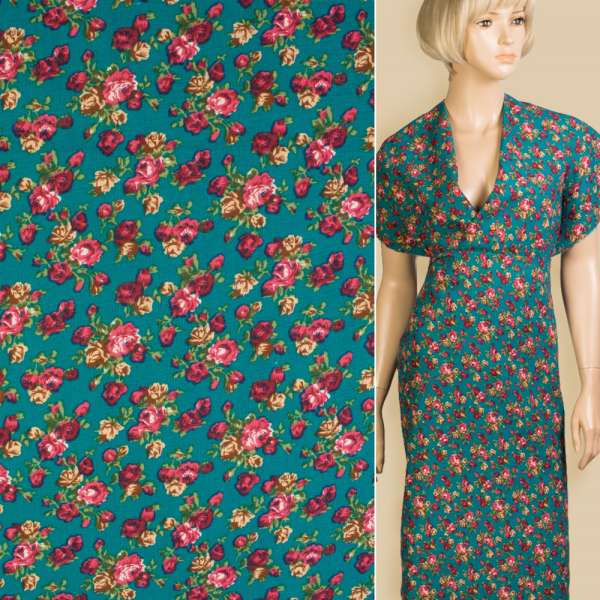 Лен бирюзовый с красными розами, ш.145