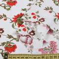Лен белый с красными цветами и зелеными веточками ш.145