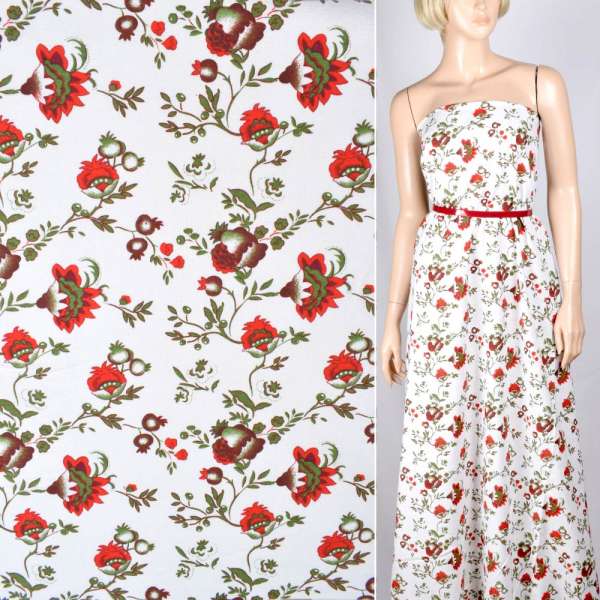 Лен белый с красными цветами и зелеными веточками ш.145