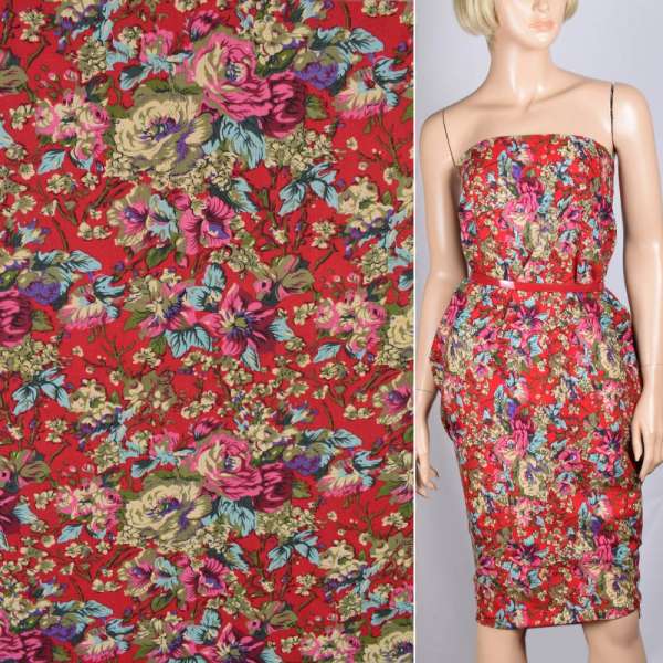 Лен красный с розово-голубыми и бежевыми цветами ш.145